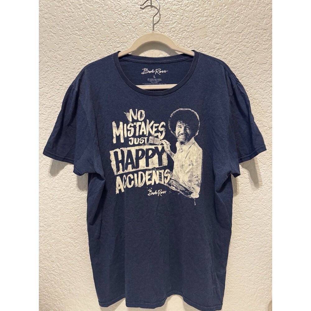Bob Ross Mens Sz L No Mistakes Just Happy Accidents Dark Blue Graphic T-shirt